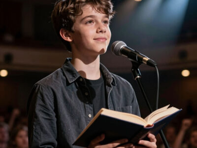подросток с книгой на сцене готовится к конкурсу чтецов Живая классика