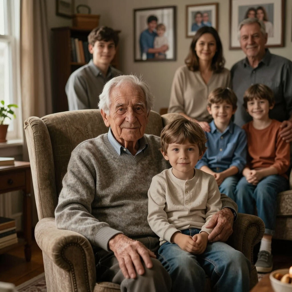 Пожилой мужчина с сединой в кругу семьи с сыном и внуками на дне рождения