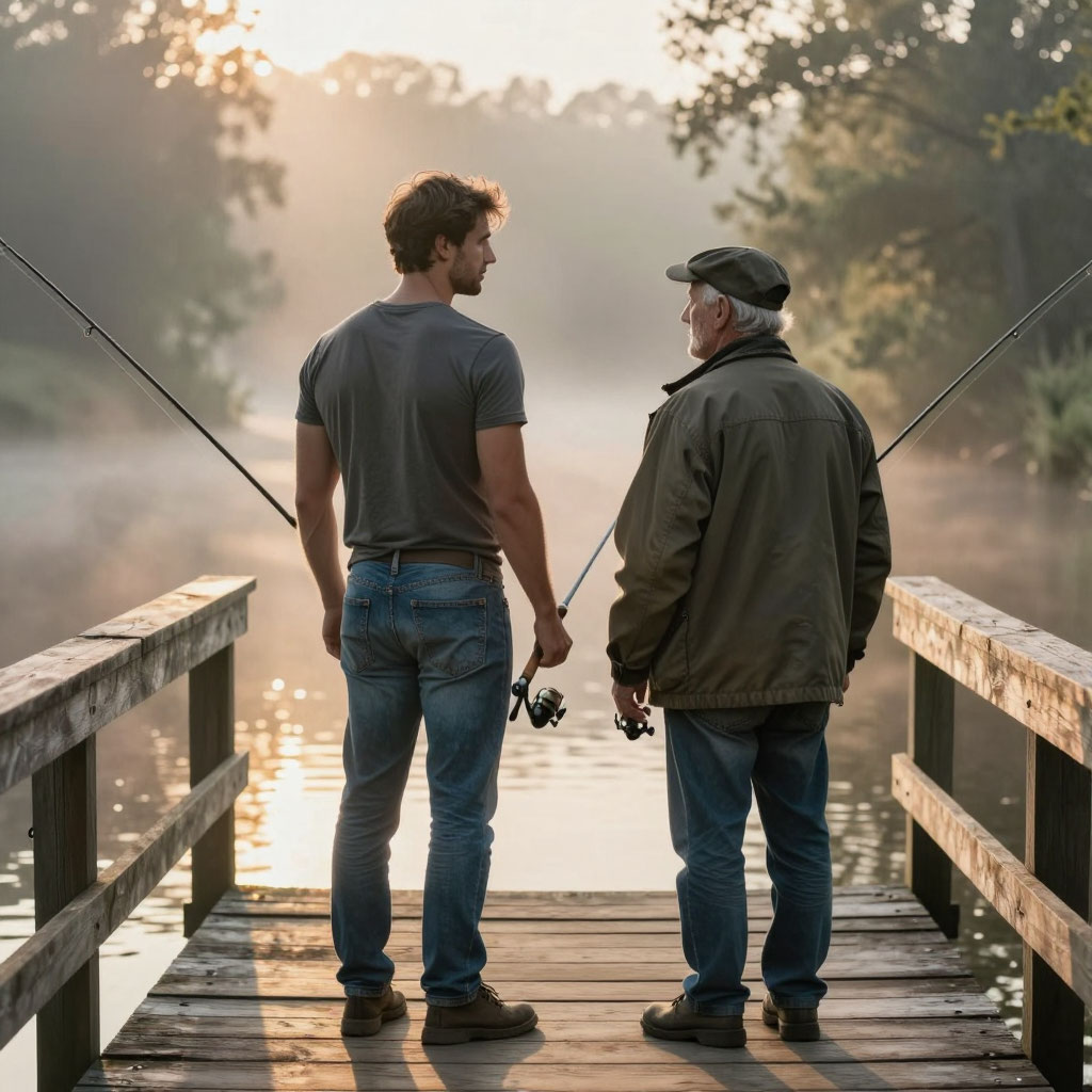 Поздравление отцу от сына мужчины с удочками на рассвете река