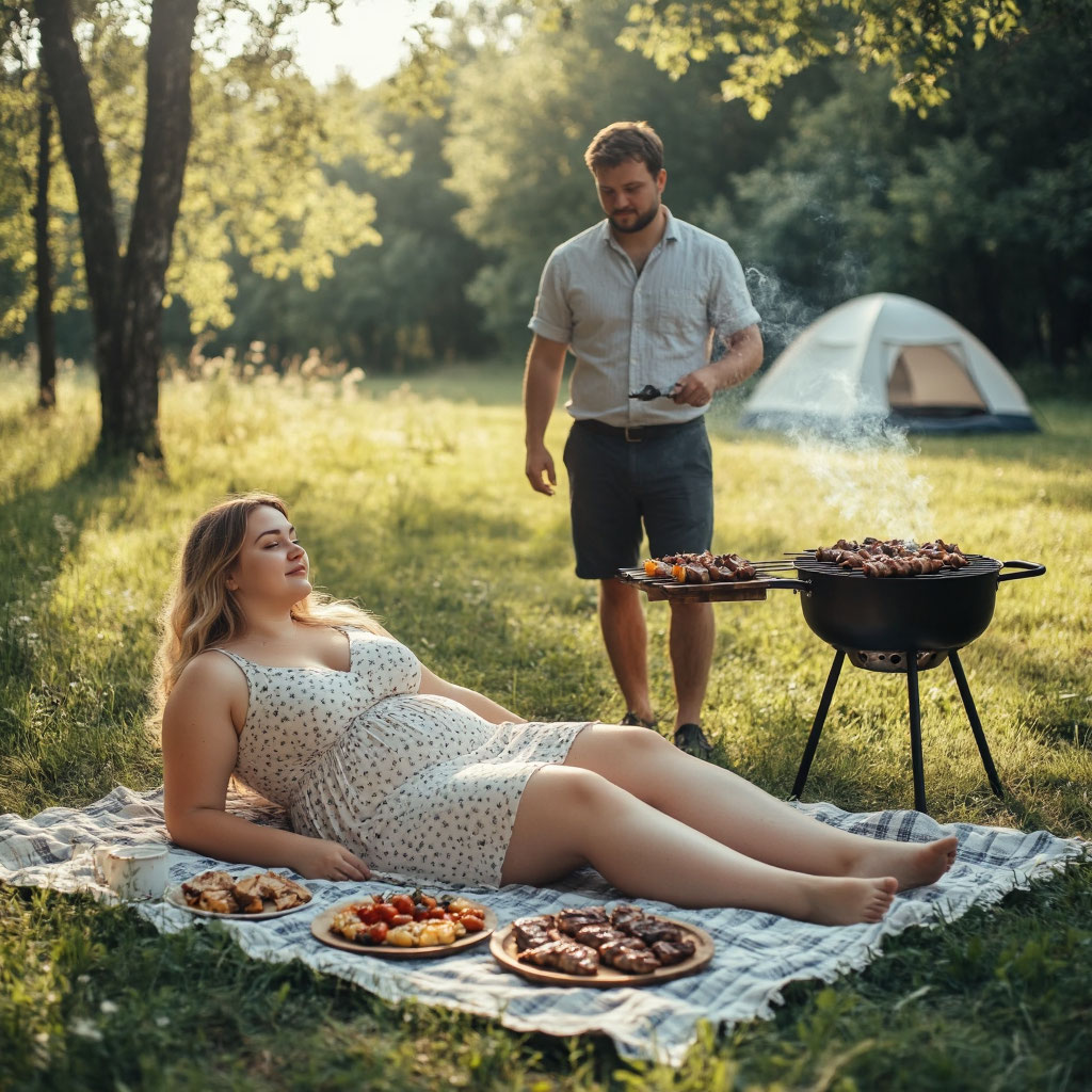 Русская женщина с формами на пикнике с мужчиной во второй день свадьбы