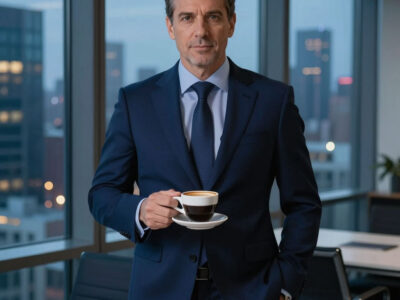 Солидный мужчина в деловом костюме с чашкой кофе в современном офисе