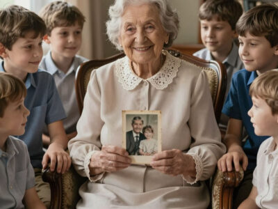 Мудрая русская женщина с семьёй на своём 80-летии