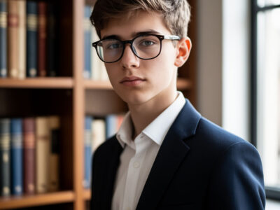 подросток с дипломом победителя всероссийской олимпиады у книжного стеллажа