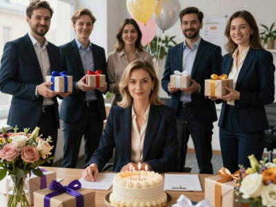 Русская женщина в деловом костюме с коллегами на своём юбилее в офисе