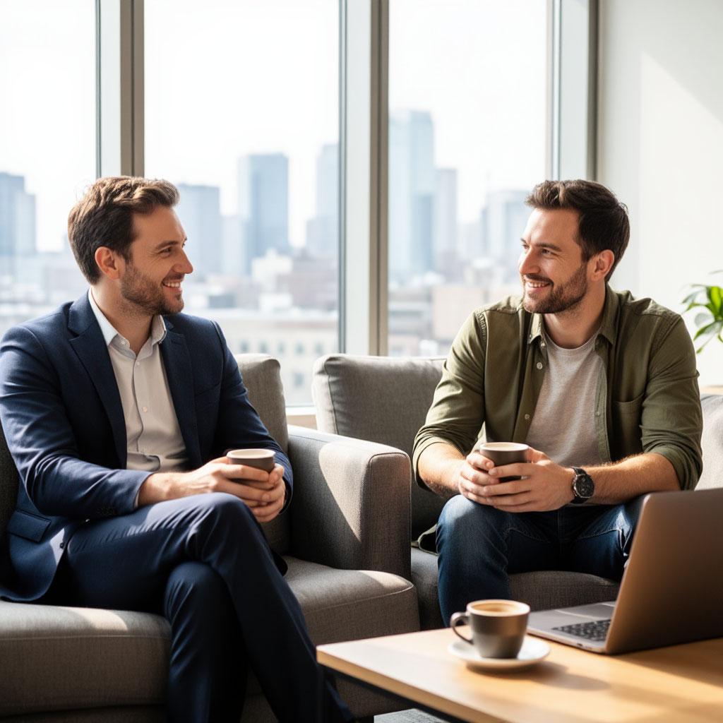 Двое мужчин в офисной лаунж-зоне на диванах за чашкой кофе в доверительном разговоре