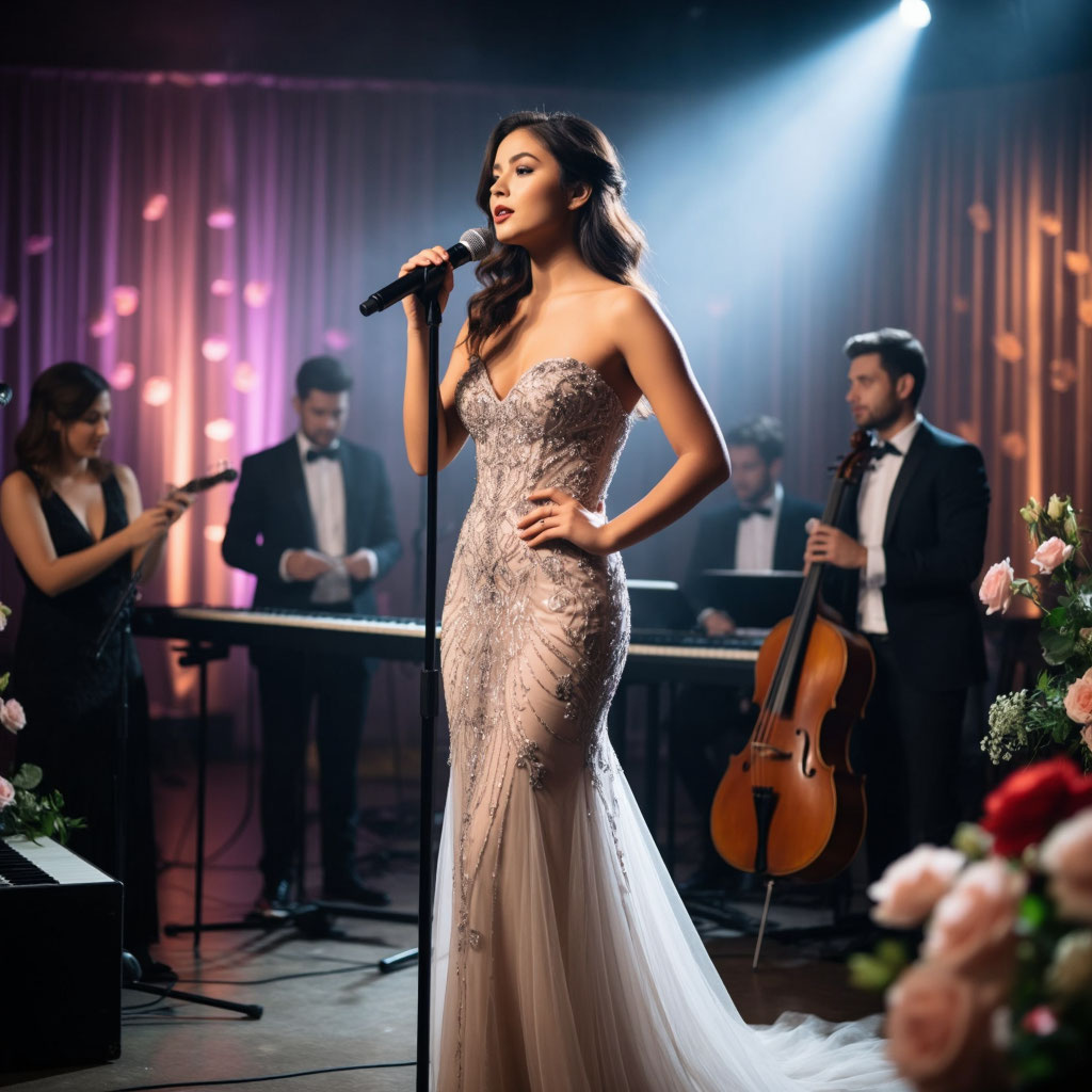 Красивая девушка с формами у микрофона на музыкальном конкурсе