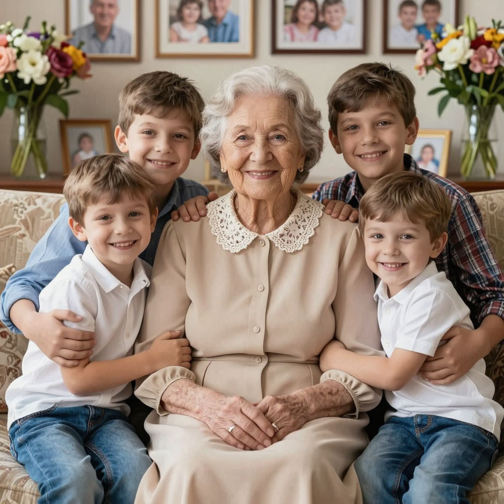 Русская женщина с правнуками на своём 70-летии