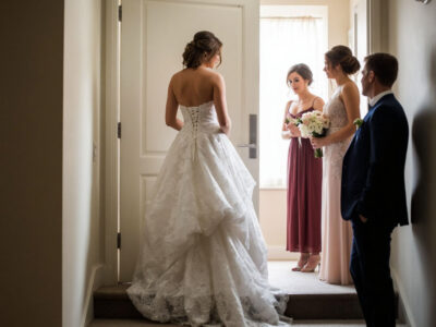 Русская невеста с формами ждет жениха на выкупе в дверях квартиры