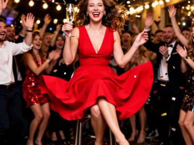Женщина в красном платье запрыгивает на стул с бокалом шампанского празднуя победу