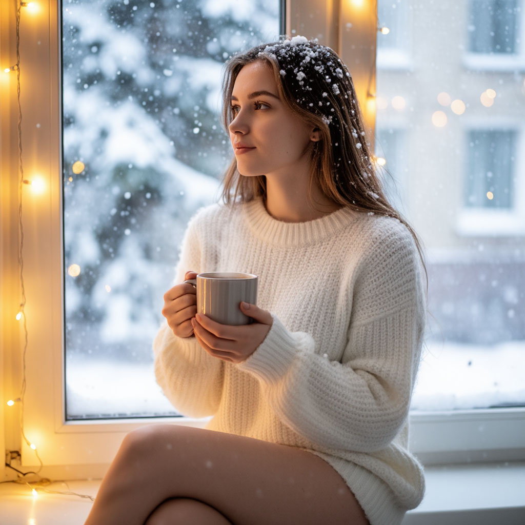 Молодая женщина в белом свитере на подоконнике с кружкой в снежное рождество