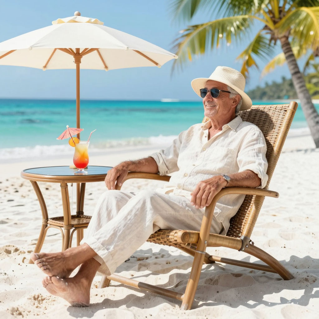 Прикольная открытка с юбилеем мужчине пляж шезлонг коктейль океан