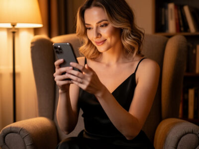 Красивая женщина в вечернем платье смотрит в смартфон с поздравлениями