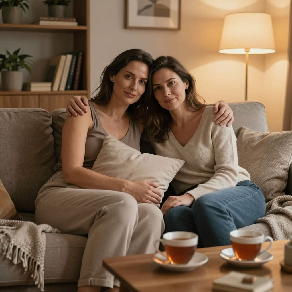 Две подруги на диване в уютной гостиной — одна обнимает подушку, другая на плече