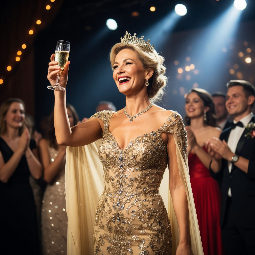 Русская женщина с большими формами в золотом платье и короне на своём 55-летии принимает поздравления