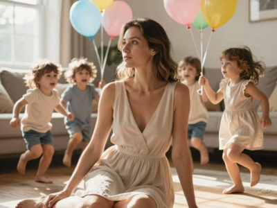 русская женщина с детьми на детском дне рождения в домашней гостиной с воздушными шарами