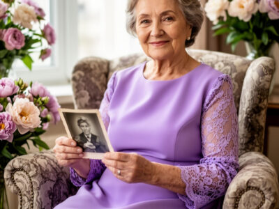 Русская женщина в сиреневом платье на своём 65-летии