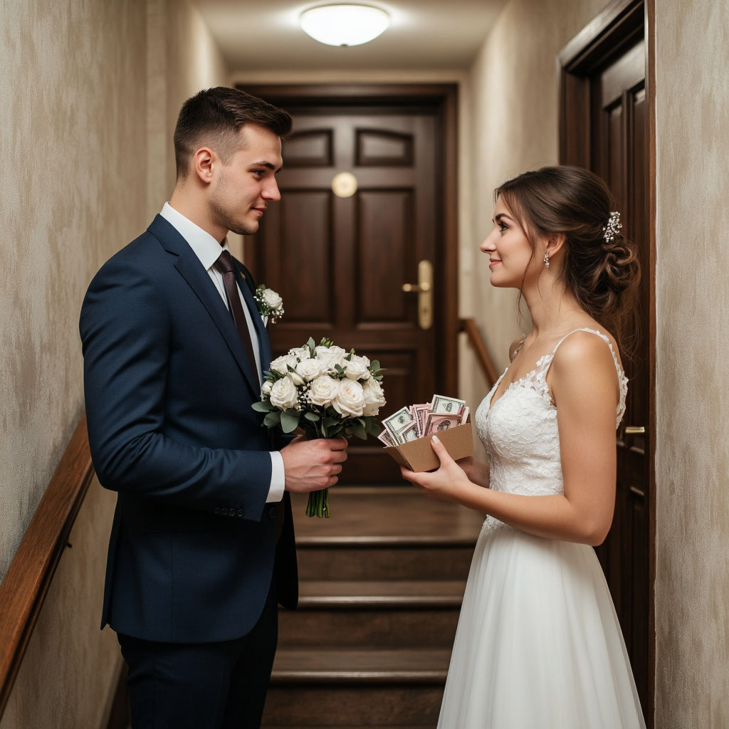 Русский жених с букетом и свидетель готовятся к выкупу