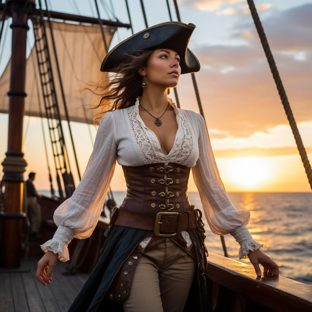 Женщина с пышными формами в образе пирата на корабле празднует 45-летие на закате