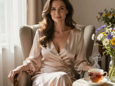 Элегантная женщина в шелковом платье у окна с чашкой чая в уютной комнате