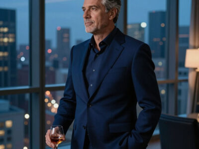 Солидный мужчина с сединой в элегантном костюме у окна пентхауса с бокалом коньяка