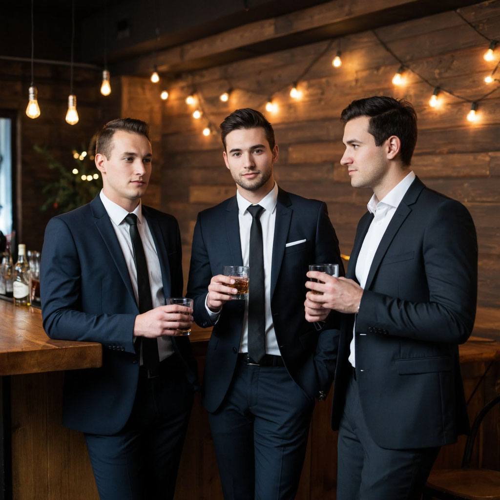 Трое красивых мужчин в костюмах у барной стойки на свадьбе