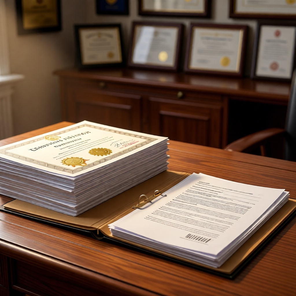 стопка дипломов и грамот педагога с золотыми печатями на столе