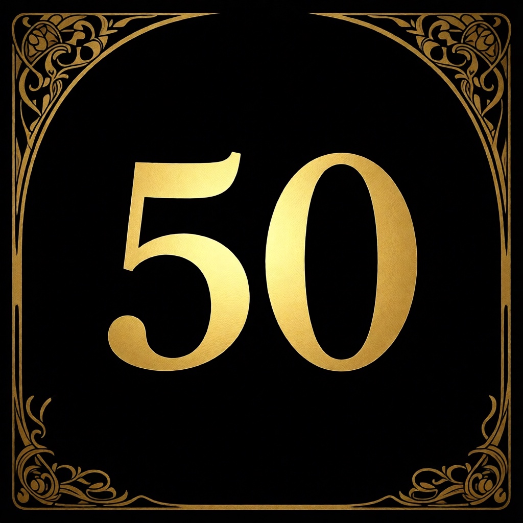 Минималистичная, но очень дорогая открытка с цифрой 50, выполненной сусальным золотом на черном фоне.
