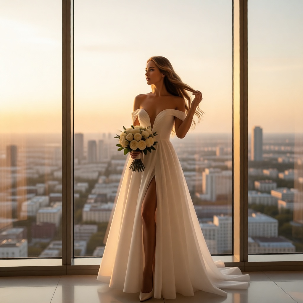 русская невеста в свадебном платье с глубоким декольте у панорамного окна