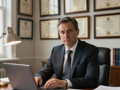 русский мужчина директор школы в деловом костюме за рабочим столом с дипломами на стене