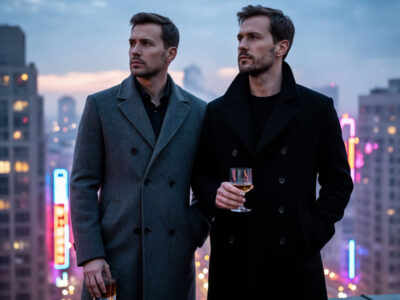 Двое мужчин в пальто на крыше высотки с бокалами виски на фоне ночного города