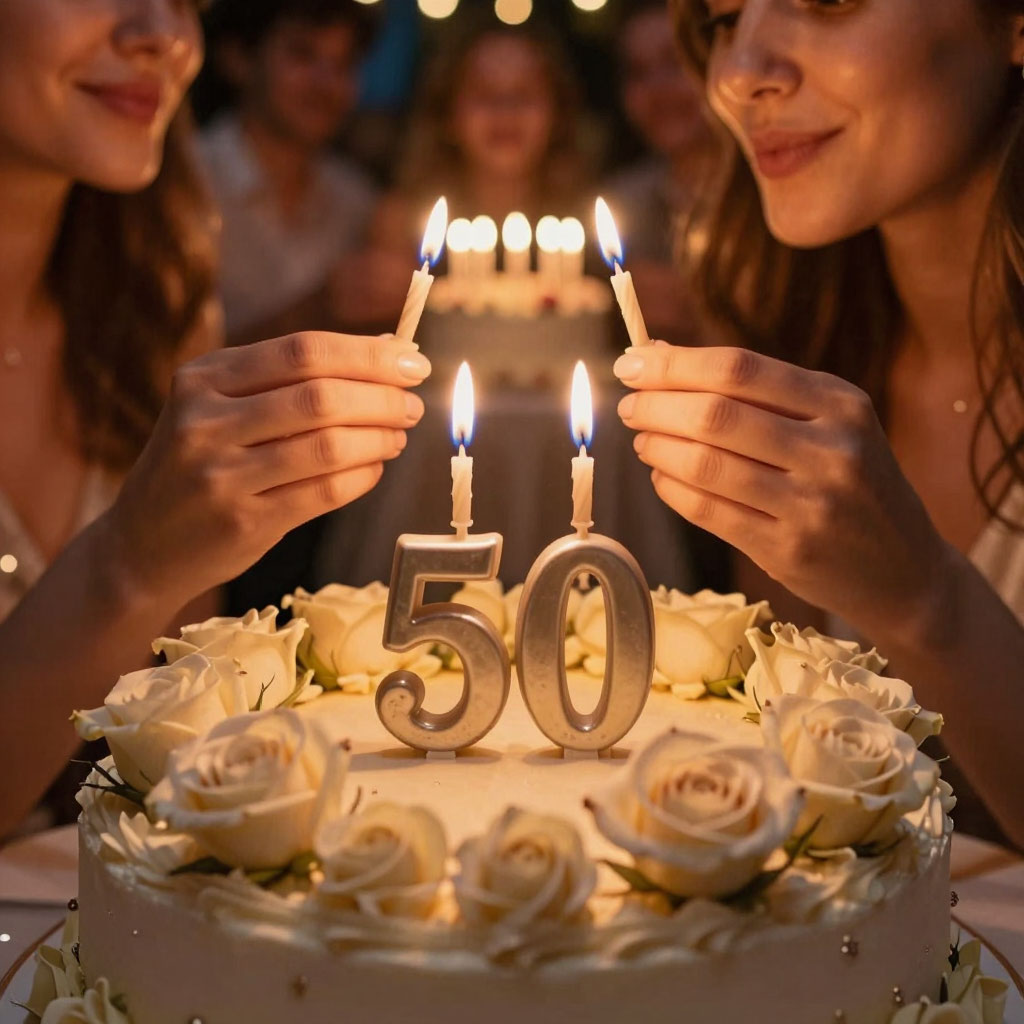 женщина задувает свечи на торте с цифрой 50 на юбилее