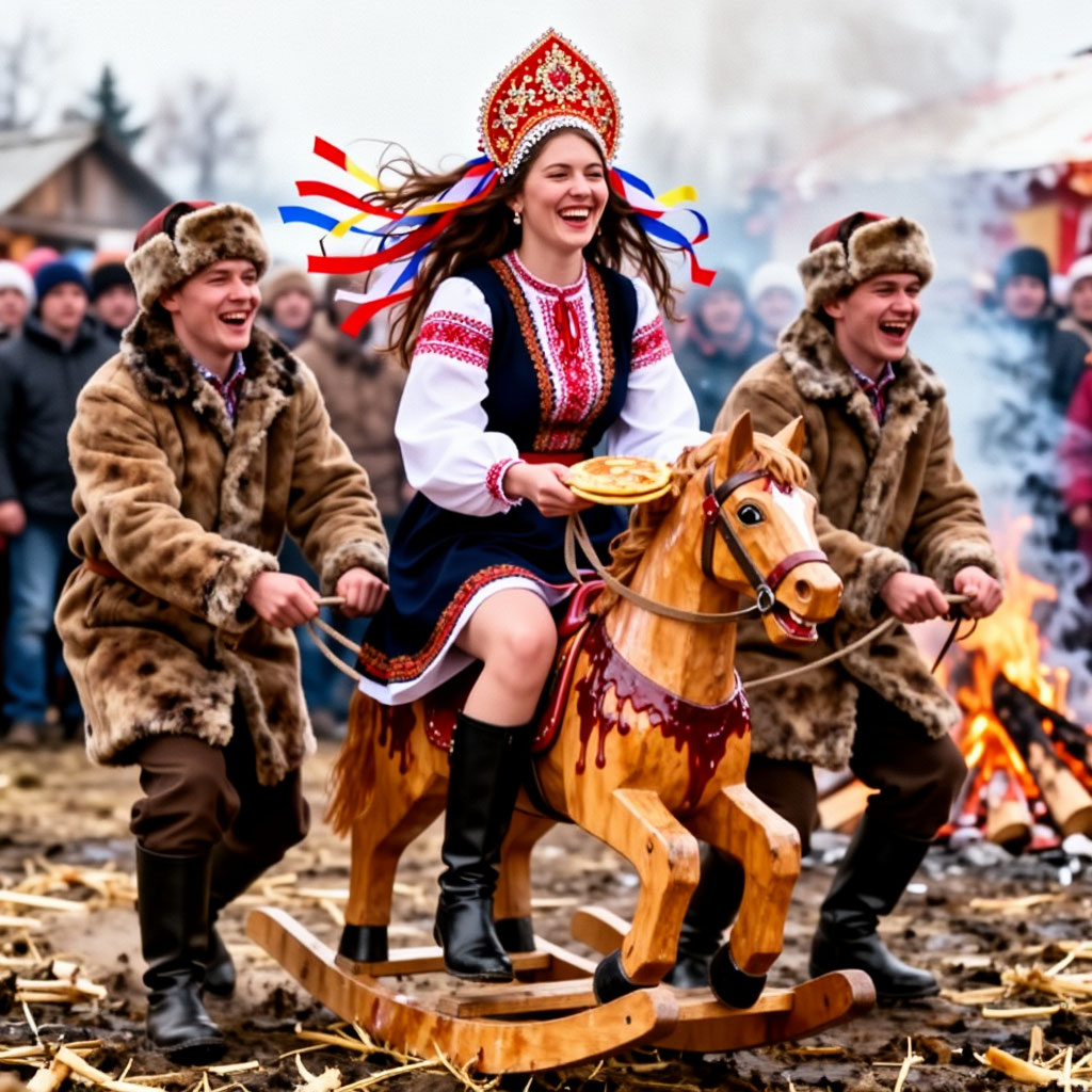 Женщина в кокошнике на деревянной лошадке с блином на масленичных гуляниях