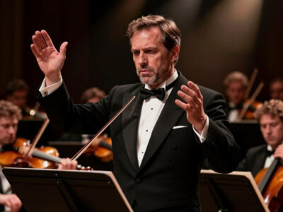 мужчина-дирижер во фраке дирижирует оркестром на конкурсе Рахманинова