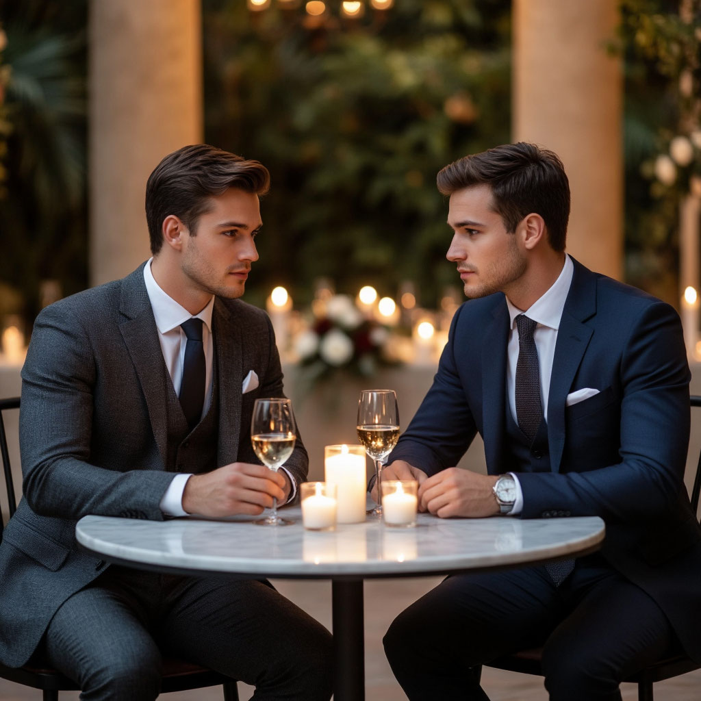 Двое красивых мужчин в костюмах за столом на небольшой свадьбе