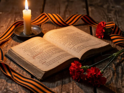 раскрытая книга стихов о войне свеча и гвоздики на деревянном столе