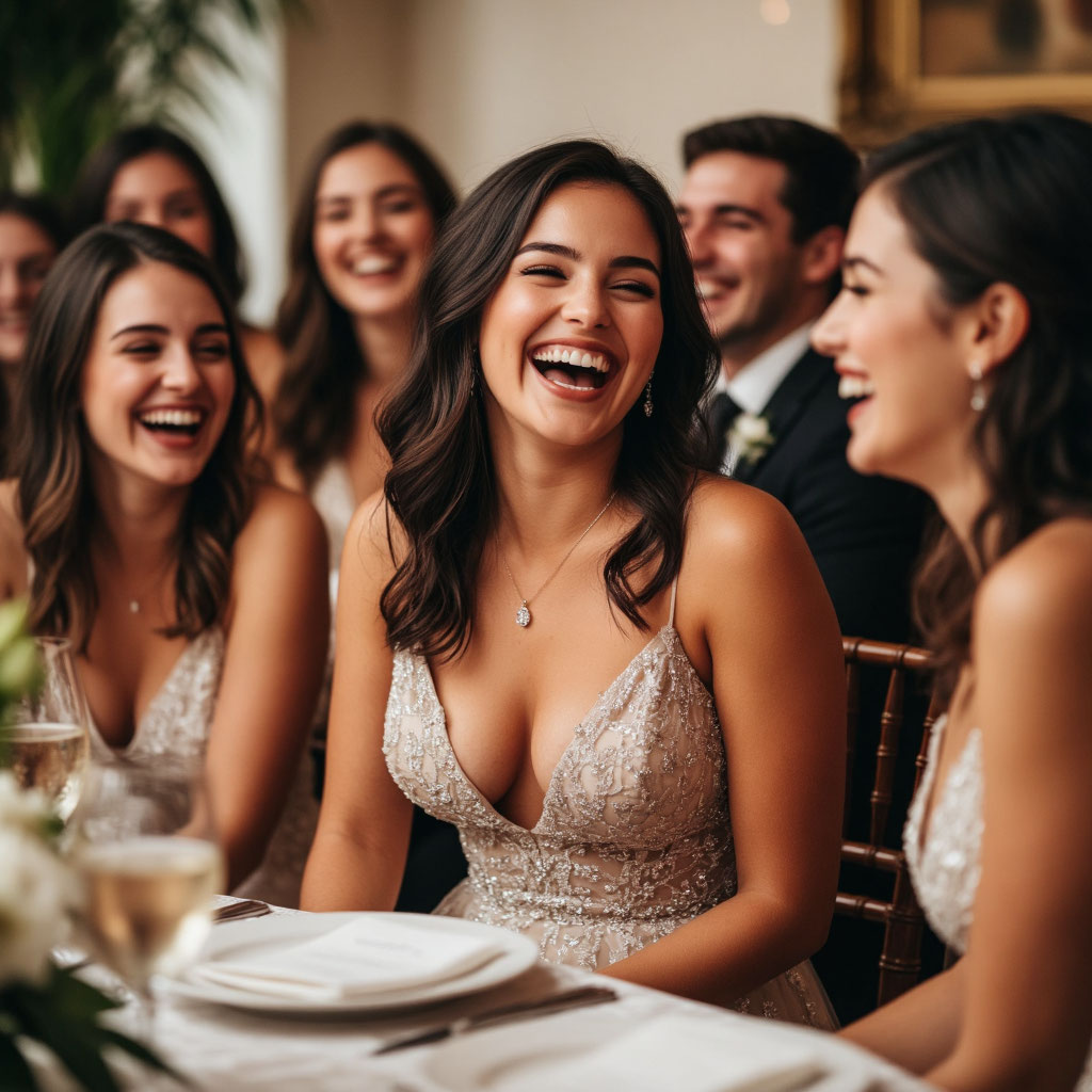 Красивая девушка с пышными формами смеется с подругами на свадебном вечере