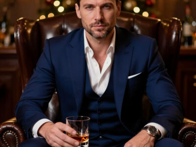русский мужчина в темно-синем костюме с бокалом виски на 23 февраля