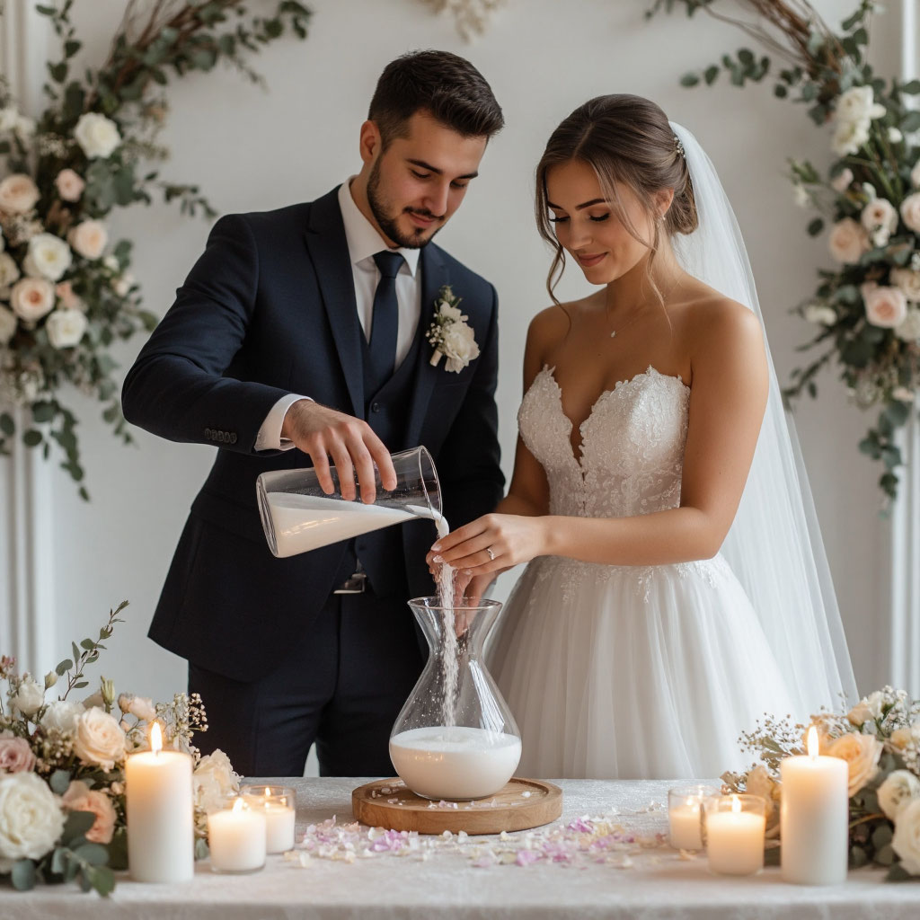 Русские невеста с формами и жених на песочной церемонии