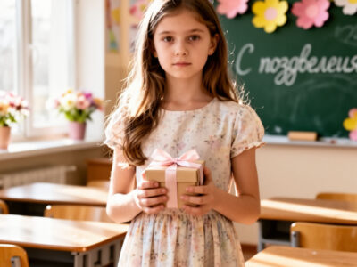 русская девочка в весеннем платье у школьной доски с подарком на 8 марта