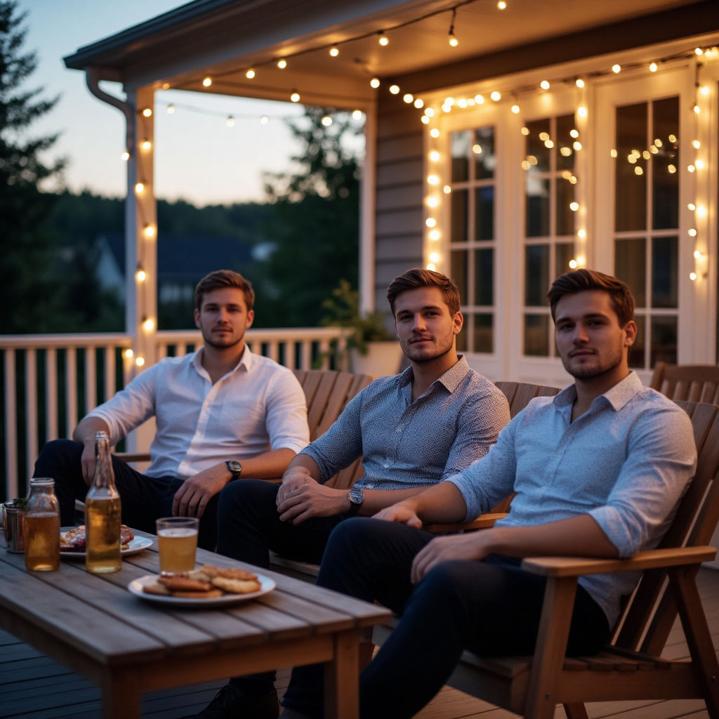 Трое красивых мужчин на веранде во время домашней свадьбы