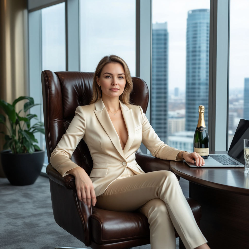 Женщина с пышными формами в дорогом костюме в офисе с видом на небоскребы на 45-летие