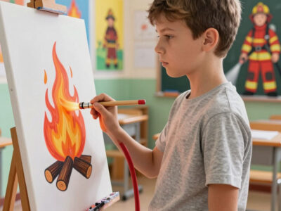 ребенок рисует огонь и пожарного у мольберта для конкурса Огонь друг огонь враг