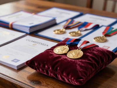 Крупный план полированного дубового стола с разложенными дипломами и олимпиадными медалями.