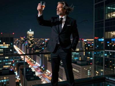 Прикольные тосты на юбилей мужчине элегантный мужчина с бокалом на небоскребе