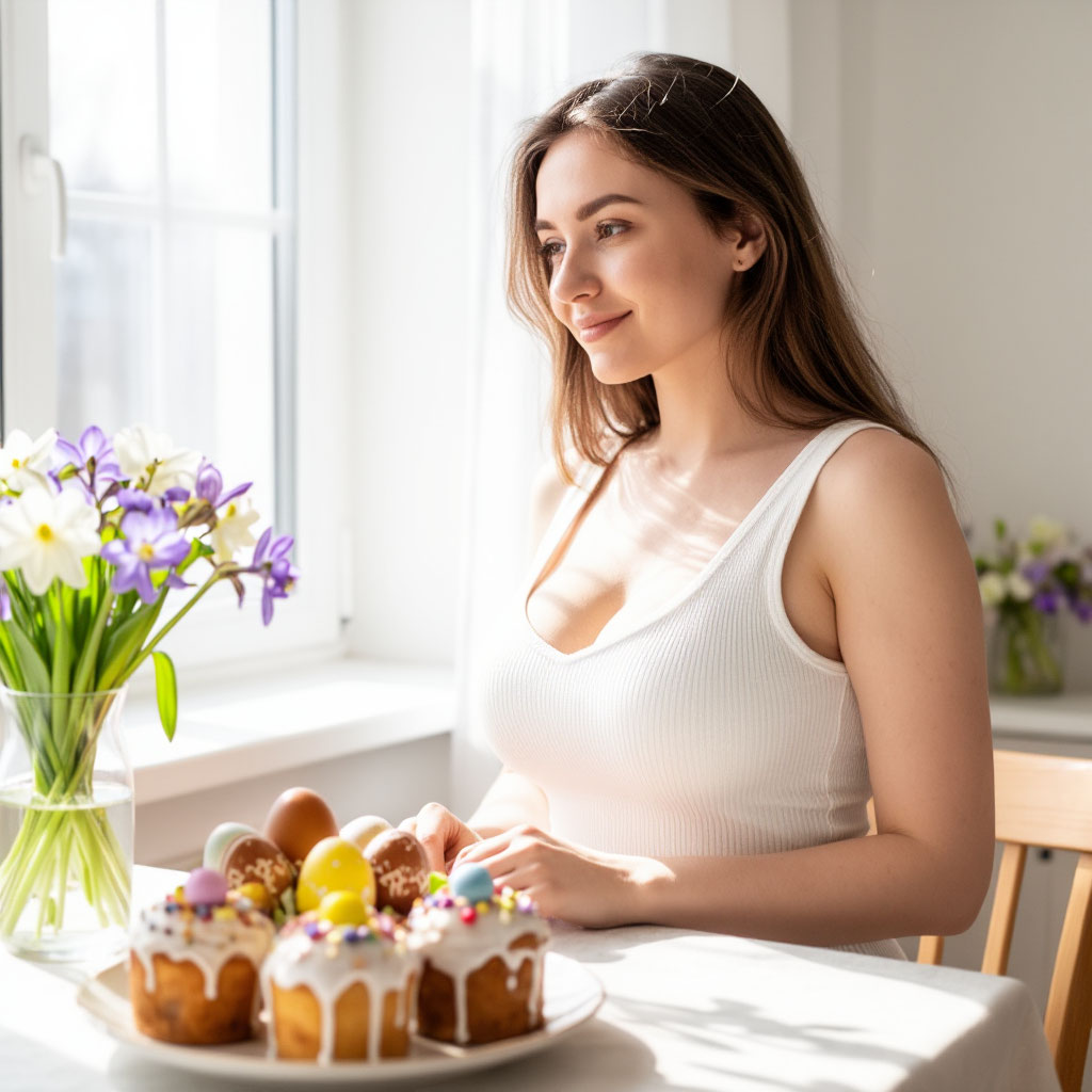 Красивая молодая мама   у окна в пасхальное утро