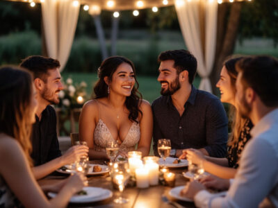 Красивая пара с гостями за свадебным столом в уютном доме с гирляндами