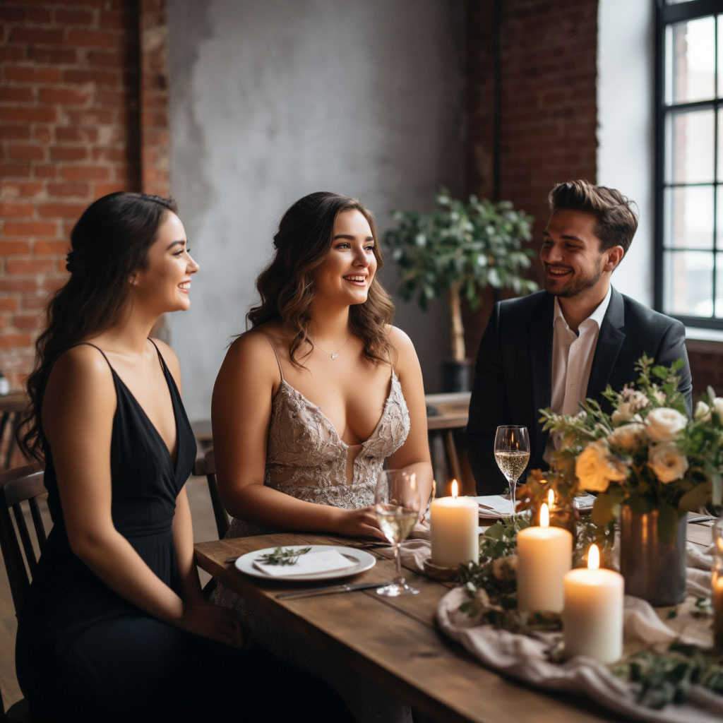 Красивая девушка с формами с подругами на свадьбе в лофте