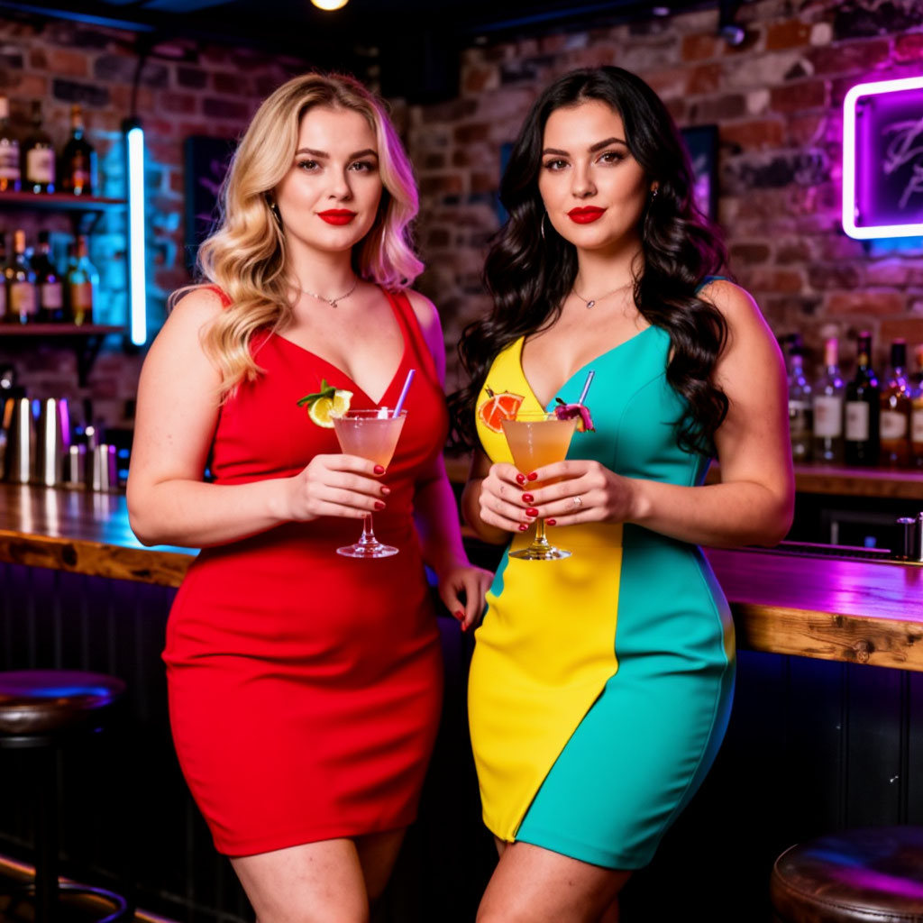 Две эффектные женщины в ярких платьях у барной стойки в стильном лофте