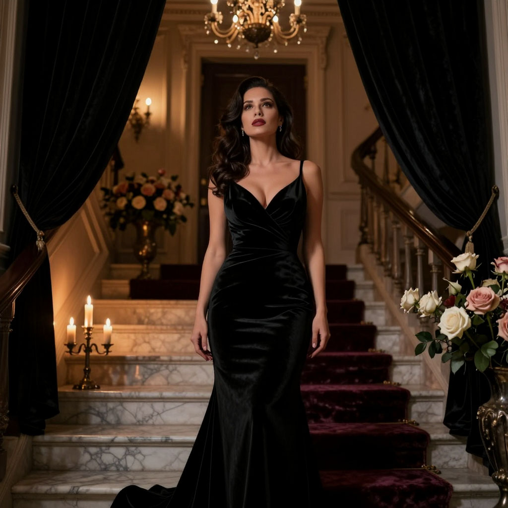Роскошная женщина в черном платье на лестнице в окружении свечей