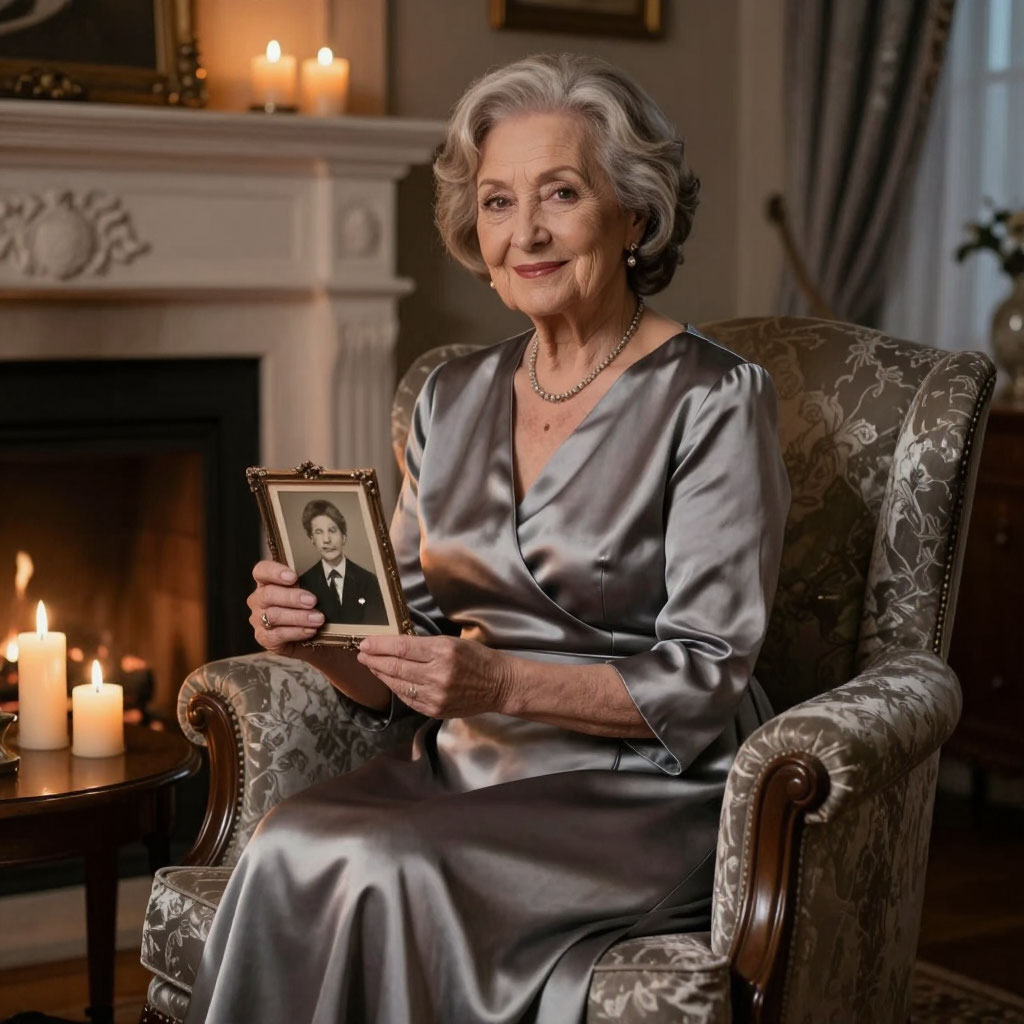 Русская женщина в серебристом платье на своём 70-летии у камина